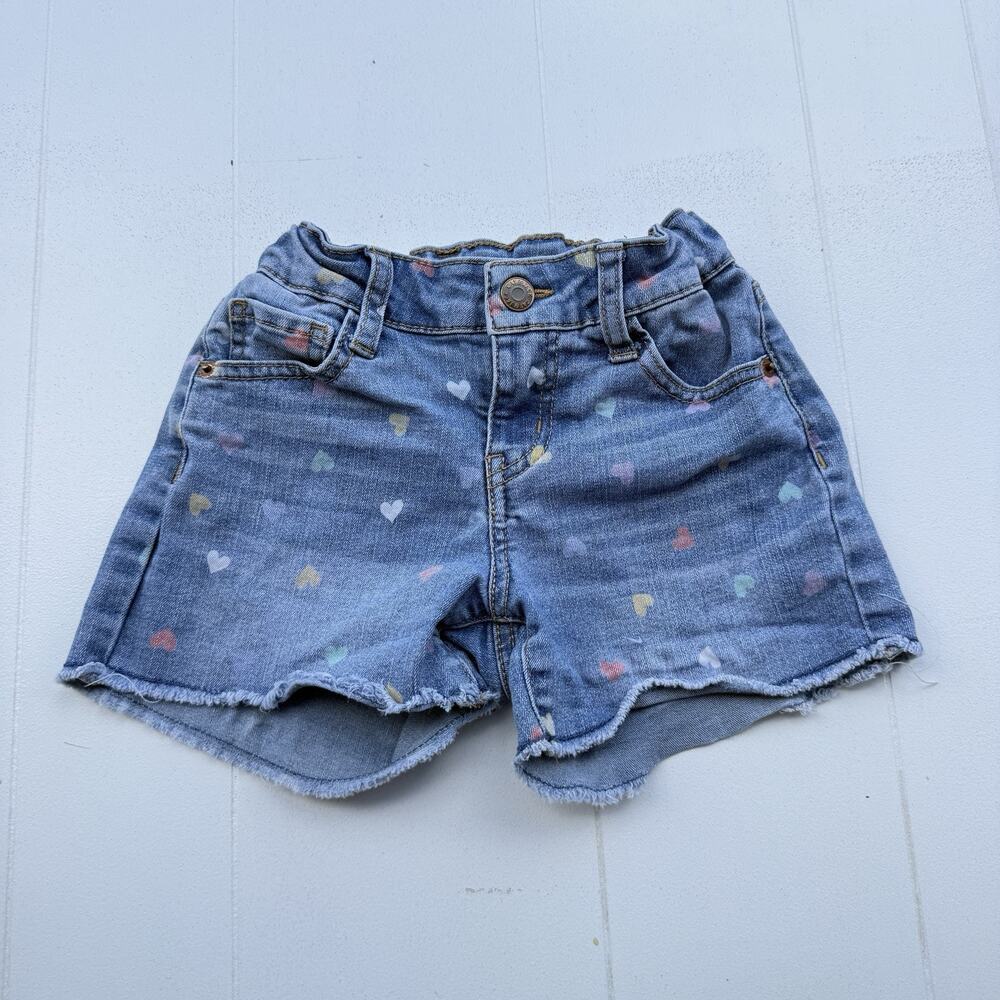 Cat & Jack Girls Denim Shorts Blue Heart Print Raw Hem 7/8